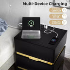 Table de Chevet VINGLI LED avec Station de Recharge, Table de Chevet 3 Tiroirs Noir