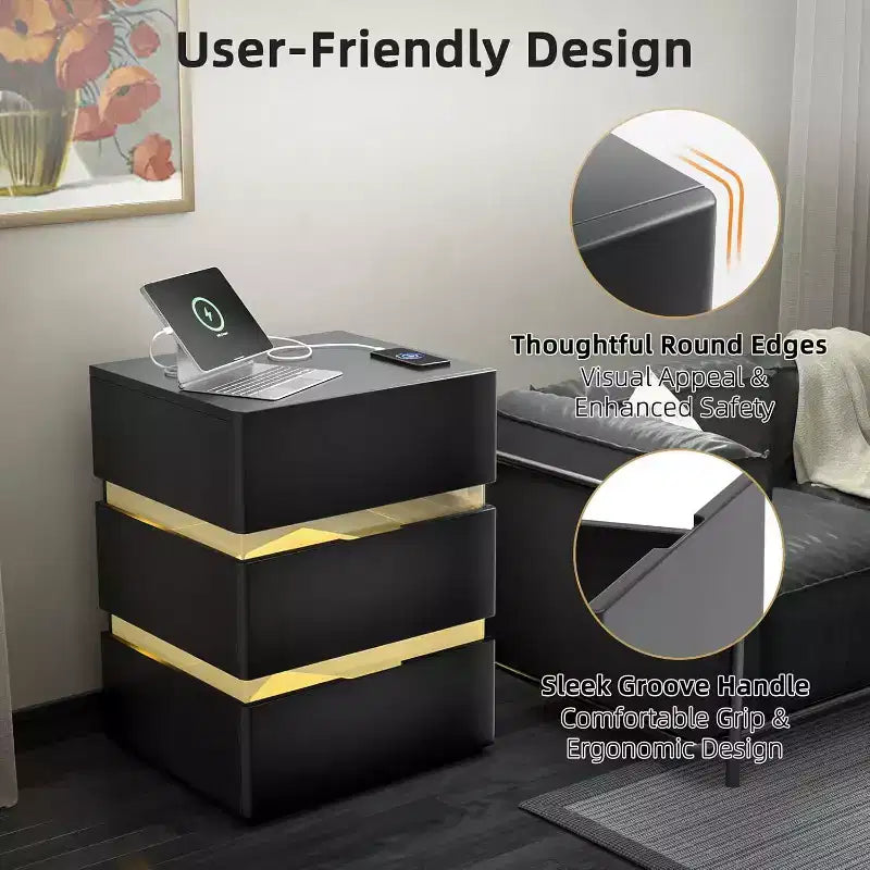 Table de Chevet VINGLI LED avec Station de Recharge, Table de Chevet 3 Tiroirs Noir