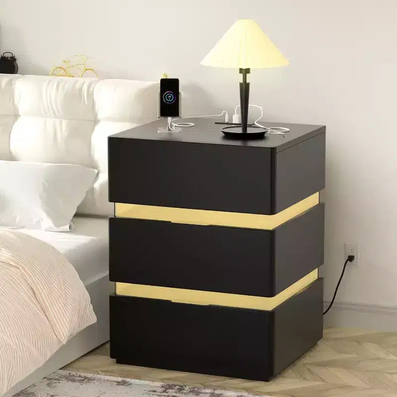 Table de Chevet VINGLI LED avec Station de Recharge, Table de Chevet 3 Tiroirs Noir