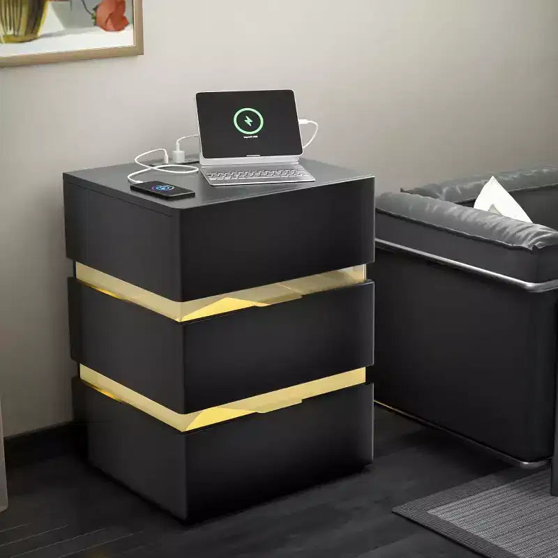 Table de Chevet VINGLI LED avec Station de Recharge, Table de Chevet 3 Tiroirs Noir
