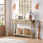 Console en rotin de 43 pouces, Table d'entrée avec 2 tiroirs de rangement et porte coulissante, Table de couloir, Table console de canapé pour salon