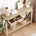 Console en rotin de 43 pouces, Table d'entrée avec 2 tiroirs de rangement et porte coulissante, Table de couloir, Table console de canapé pour salon
