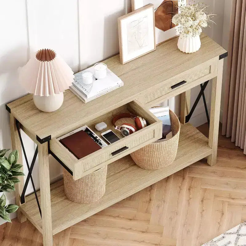 Console en rotin de 43 pouces, Table d'entrée avec 2 tiroirs de rangement et porte coulissante, Table de couloir, Table console de canapé pour salon