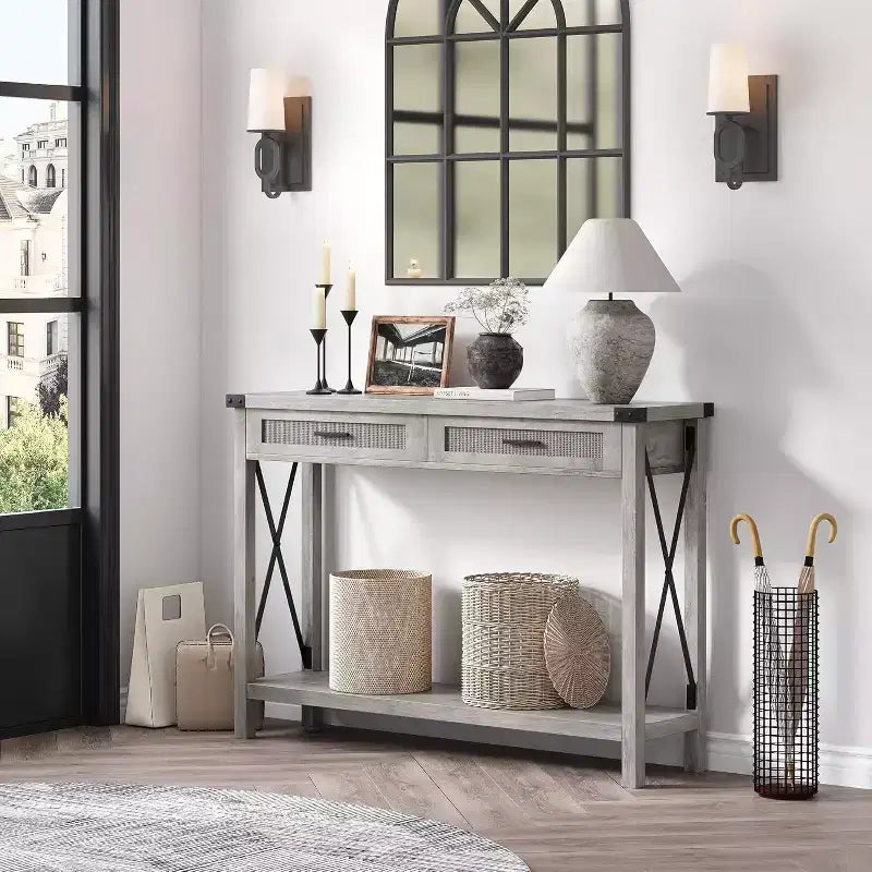 Console en rotin de 43 pouces, Table d'entrée avec 2 tiroirs de rangement et porte coulissante, Table de couloir, Table console de canapé pour salon
