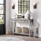 Console en rotin de 43 pouces, Table d'entrée avec 2 tiroirs de rangement et porte coulissante, Table de couloir, Table console de canapé pour salon