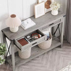 Console en rotin de 43 pouces, Table d'entrée avec 2 tiroirs de rangement et porte coulissante, Table de couloir, Table console de canapé pour salon