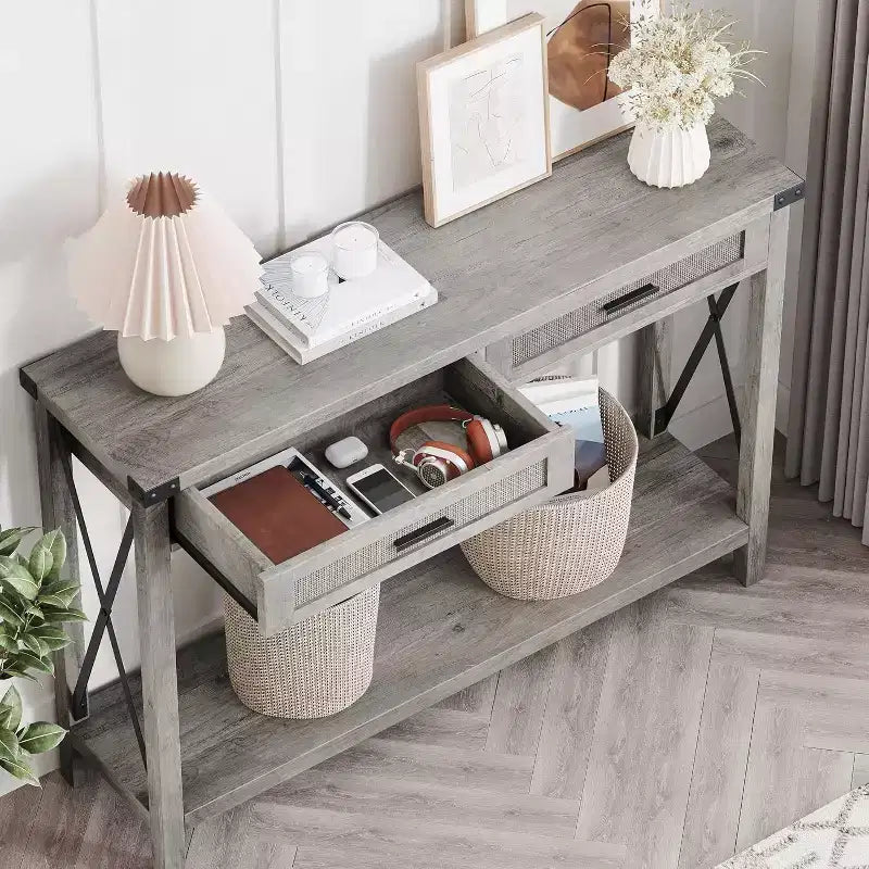 Console en rotin de 43 pouces, Table d'entrée avec 2 tiroirs de rangement et porte coulissante, Table de couloir, Table console de canapé pour salon