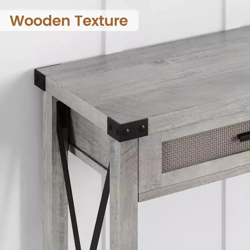 Console en rotin de 43 pouces, Table d'entrée avec 2 tiroirs de rangement et porte coulissante, Table de couloir, Table console de canapé pour salon