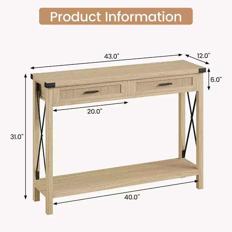 Console en rotin de 43 pouces, Table d'entrée avec 2 tiroirs de rangement et porte coulissante, Table de couloir, Table console de canapé pour salon