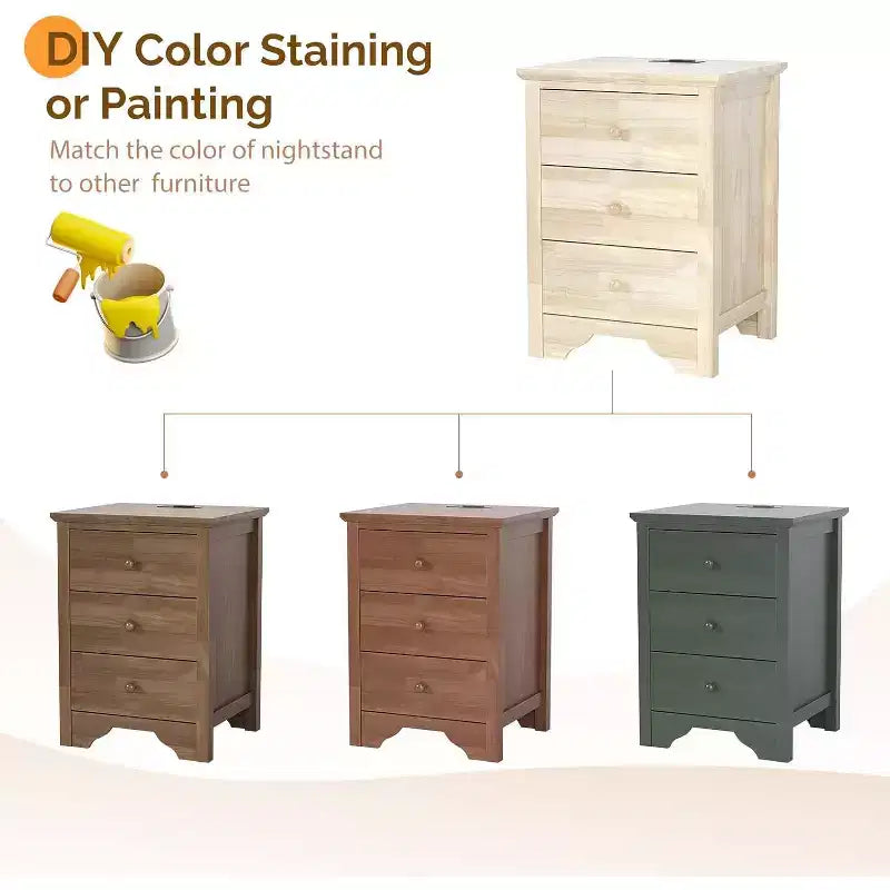Table de chevet en bois massif non fini VINGLI pour le bricolage couleur, table de chevet de 18,54 po de largeur avec station de charge