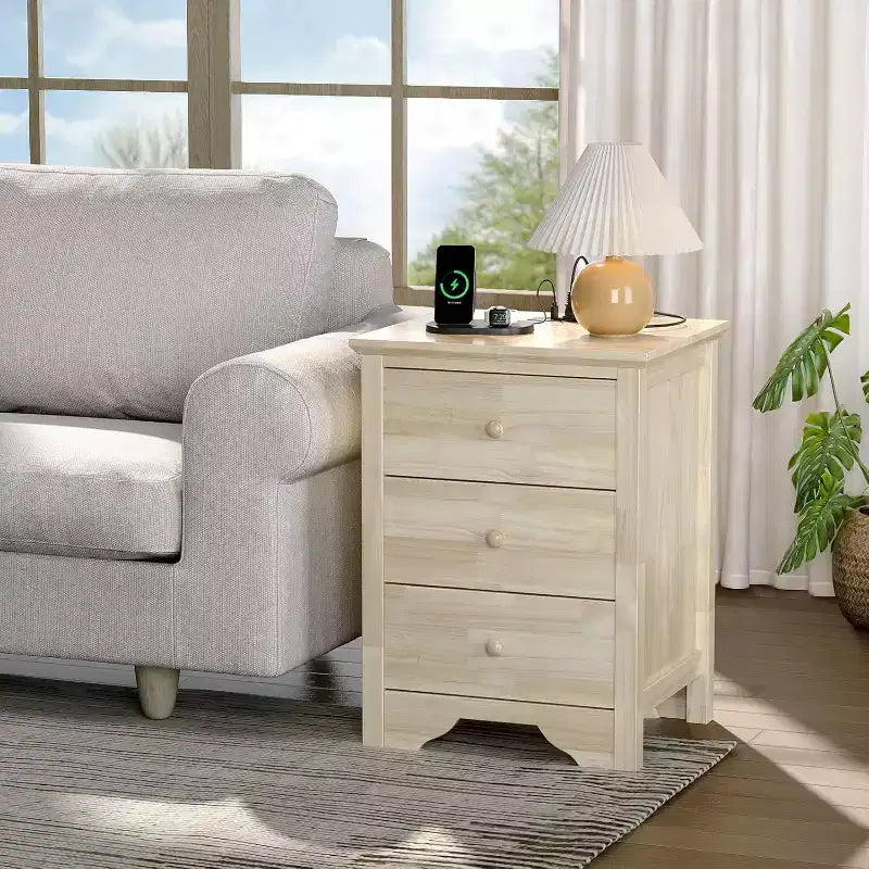 Table de chevet en bois massif non fini VINGLI pour le bricolage couleur, table de chevet de 18,54 po de largeur avec station de charge