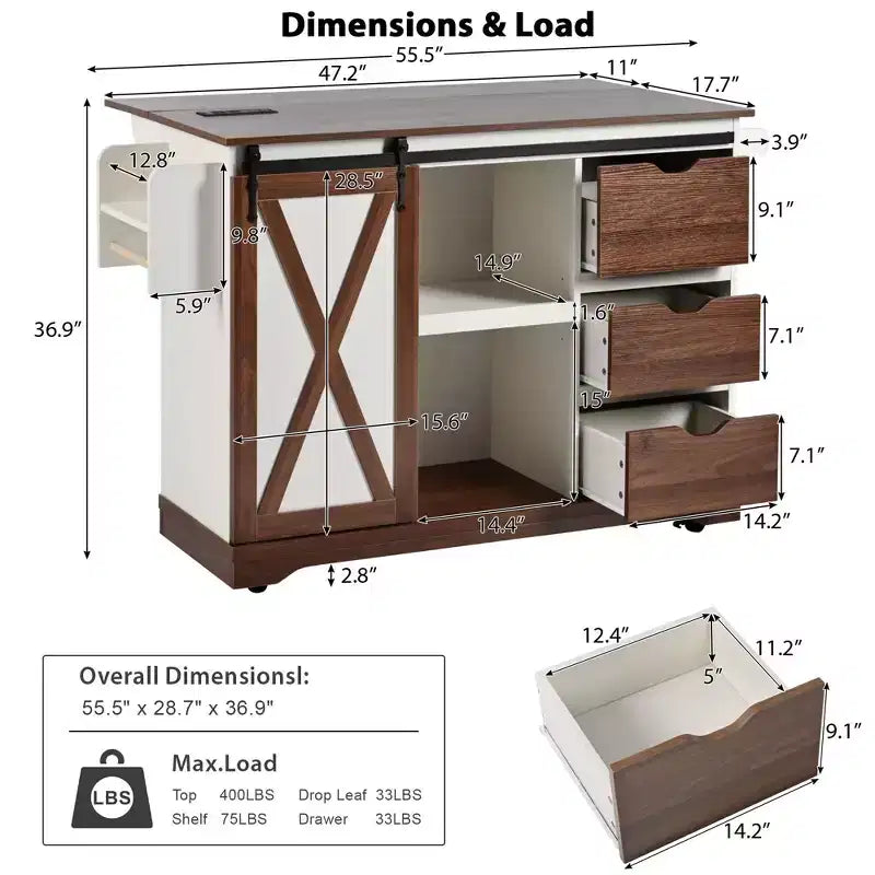 Chariot de cuisine Okak Farmhouse avec abattant, organiseur de comptoir roulant avec porte coulissante, prise de courant, îlot de cuisine pour la maison