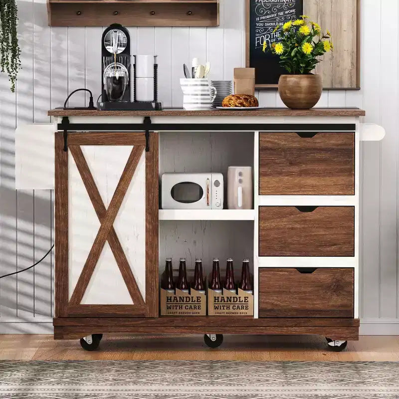Chariot de cuisine Okak Farmhouse avec abattant, organiseur de comptoir roulant avec porte coulissante, prise de courant, îlot de cuisine pour la maison
