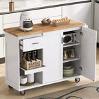 Îlot de cuisine Okak avec plan de travail pliable et étagère coulissante, îlot de cuisine sur roulettes avec porte-serviettes et tiroir pour la cuisine