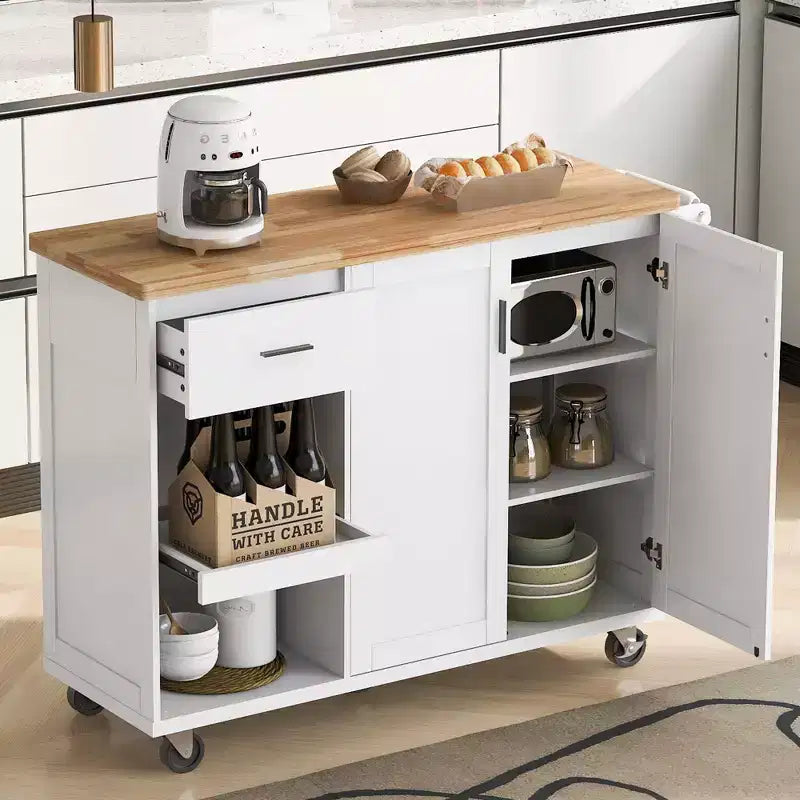 Îlot de cuisine Okak avec plan de travail pliable et étagère coulissante, îlot de cuisine sur roulettes avec porte-serviettes et tiroir pour la cuisine