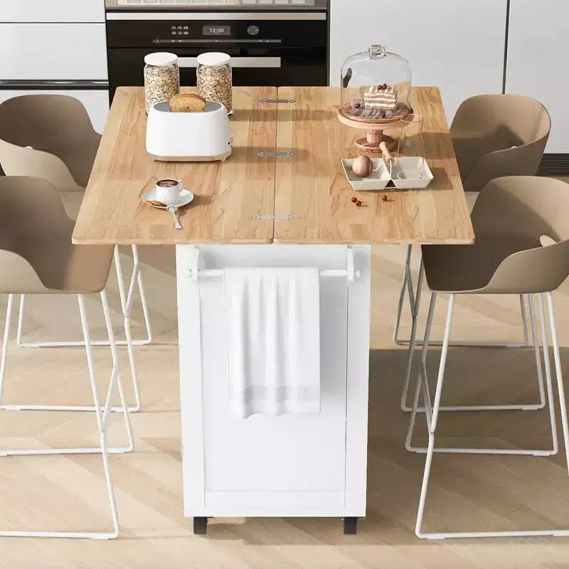 Îlot de cuisine Okak avec plan de travail pliable et étagère coulissante, îlot de cuisine sur roulettes avec porte-serviettes et tiroir pour la cuisine