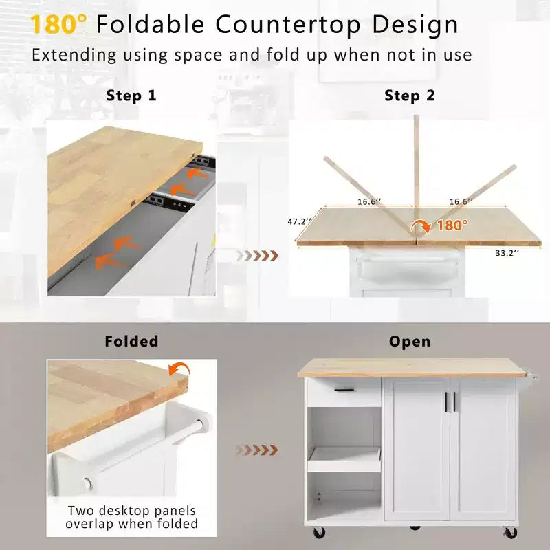 Îlot de cuisine Okak avec plan de travail pliable et étagère coulissante, îlot de cuisine sur roulettes avec porte-serviettes et tiroir pour la cuisine