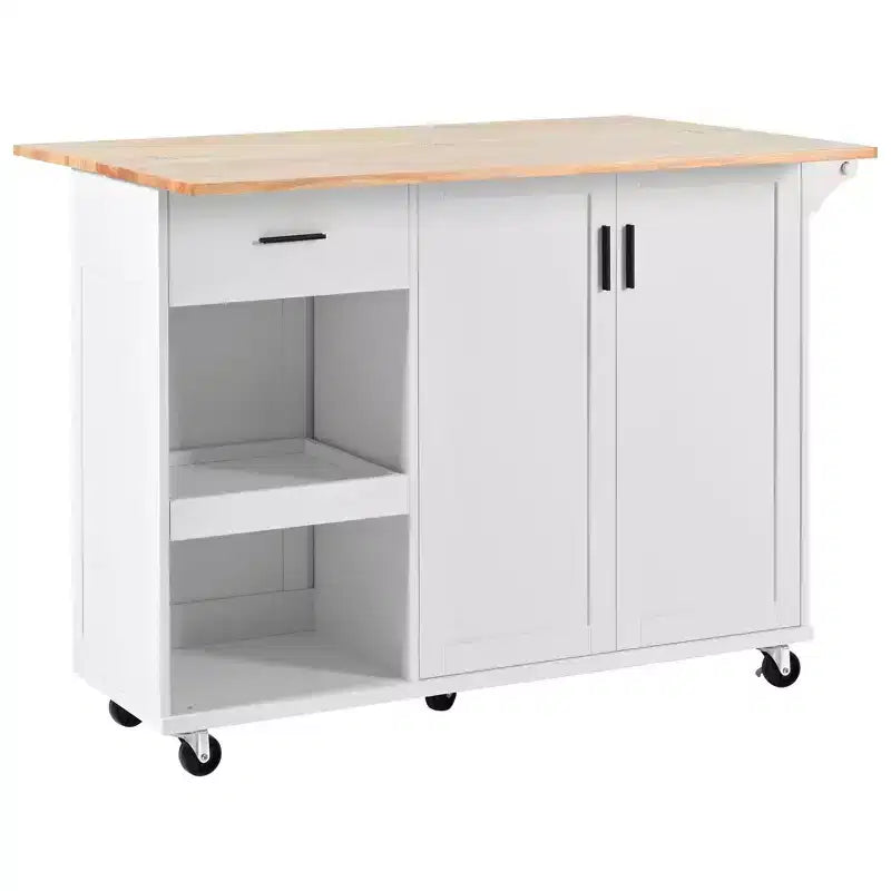 Îlot de cuisine Okak avec plan de travail pliable et étagère coulissante, îlot de cuisine sur roulettes avec porte-serviettes et tiroir pour la cuisine