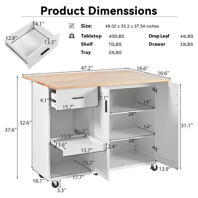 Îlot de cuisine Okak avec plan de travail pliable et étagère coulissante, îlot de cuisine sur roulettes avec porte-serviettes et tiroir pour la cuisine