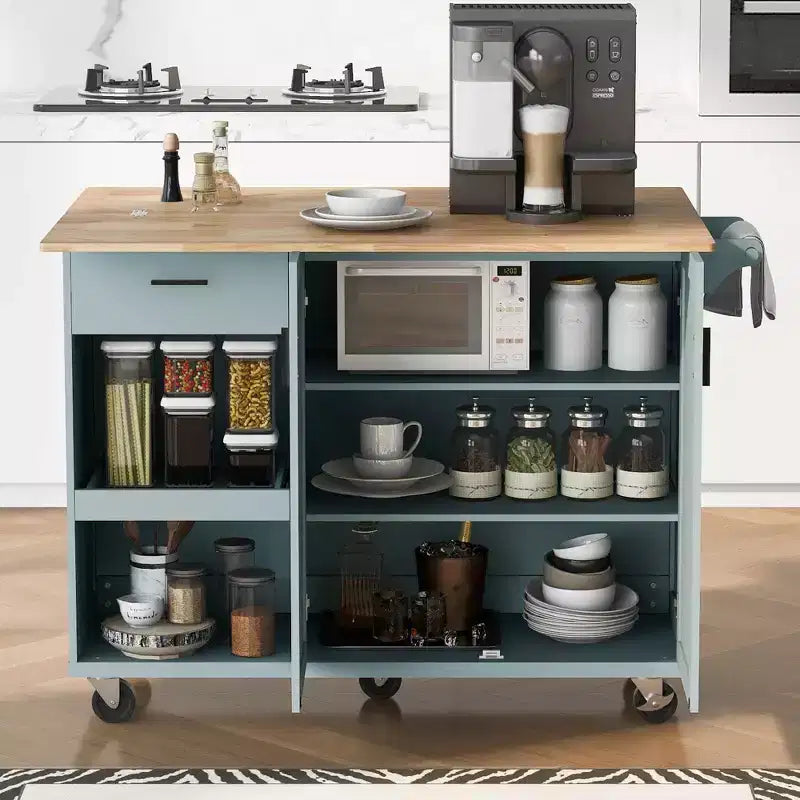 Îlot de cuisine Okak avec plan de travail pliable et étagère coulissante, îlot de cuisine sur roulettes avec porte-serviettes et tiroir pour la cuisine
