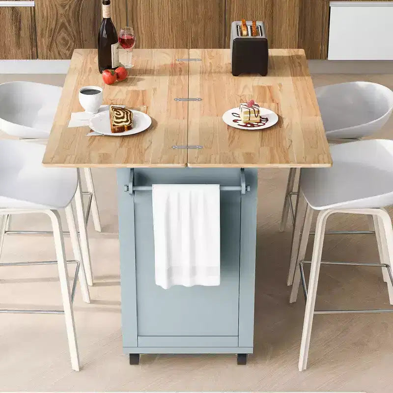Îlot de cuisine Okak avec plan de travail pliable et étagère coulissante, îlot de cuisine sur roulettes avec porte-serviettes et tiroir pour la cuisine
