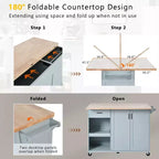 Îlot de cuisine Okak avec plan de travail pliable et étagère coulissante, îlot de cuisine sur roulettes avec porte-serviettes et tiroir pour la cuisine