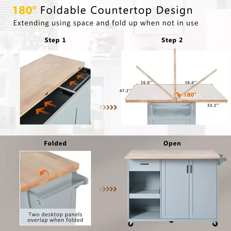 Îlot de cuisine Okak avec plan de travail pliable et étagère coulissante, îlot de cuisine sur roulettes avec porte-serviettes et tiroir pour la cuisine