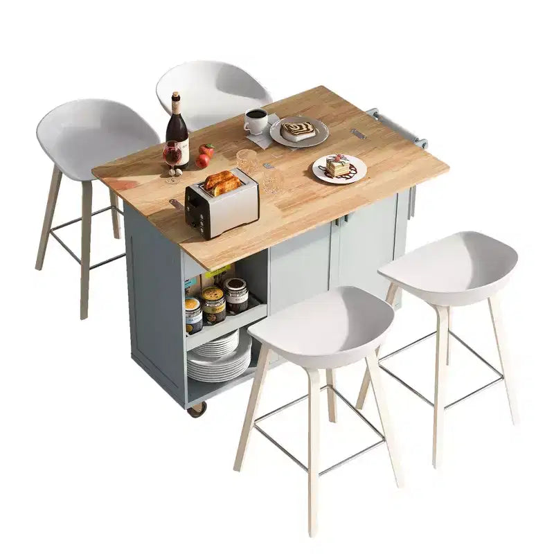 Îlot de cuisine Okak avec plan de travail pliable et étagère coulissante, îlot de cuisine sur roulettes avec porte-serviettes et tiroir pour la cuisine