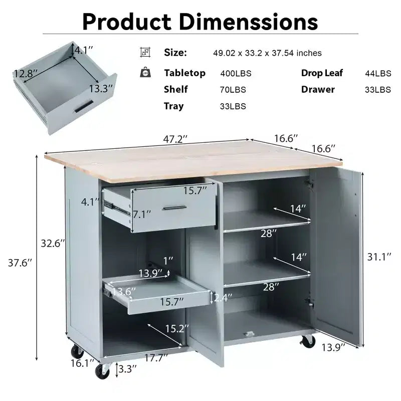 Îlot de cuisine Okak avec plan de travail pliable et étagère coulissante, îlot de cuisine sur roulettes avec porte-serviettes et tiroir pour la cuisine