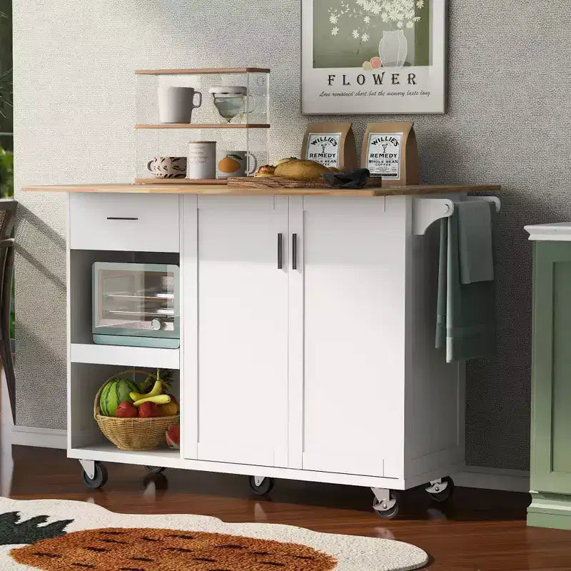 Îlot de cuisine Okak avec plan de travail pliable et étagère coulissante, îlot de cuisine sur roulettes avec porte-serviettes et tiroir pour la cuisine