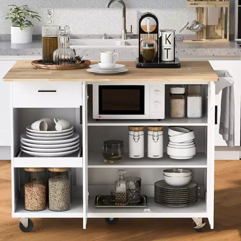 Okak Kitchen Island with Foldable Counter Top and Slide-Out Shelf, Kitchen Island On Wheels with Towel Rack and Drawer for Kitchen