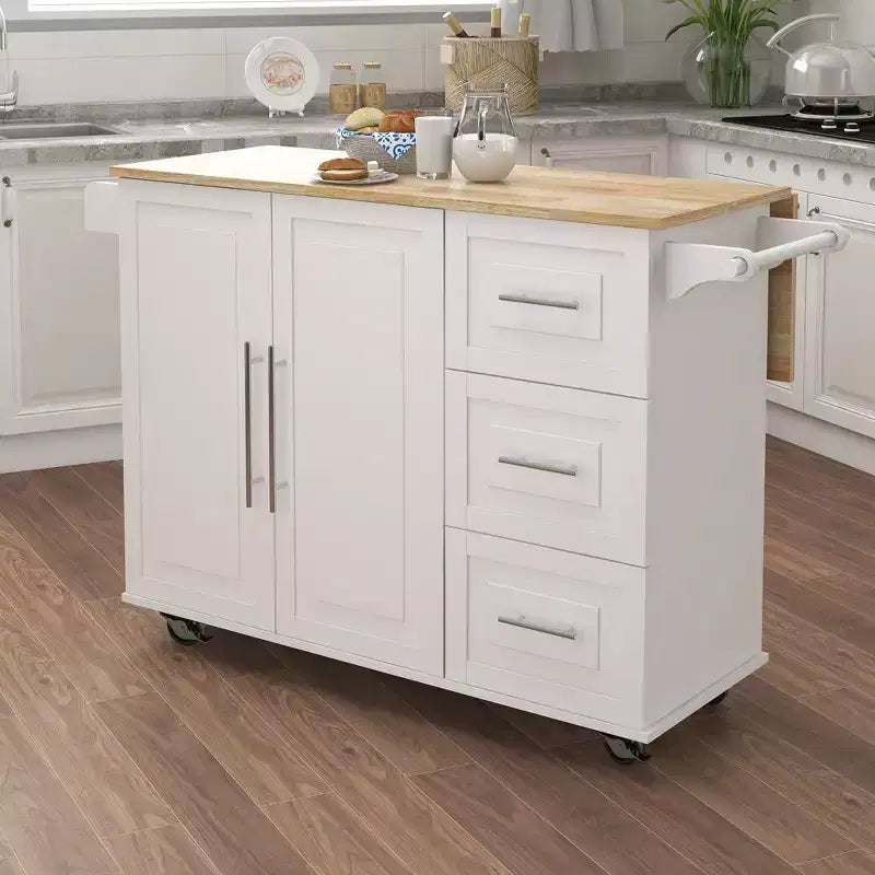 Îlot de cuisine moderne Okak avec plateau de table extensible en bois, chariot de cuisine avec étagère à épices et porte-serviettes pour cuisine, salle à manger, blanc