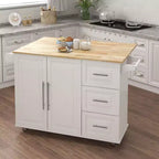 Îlot de cuisine moderne Okak avec plateau de table extensible en bois, chariot de cuisine avec étagère à épices et porte-serviettes pour cuisine, salle à manger, blanc