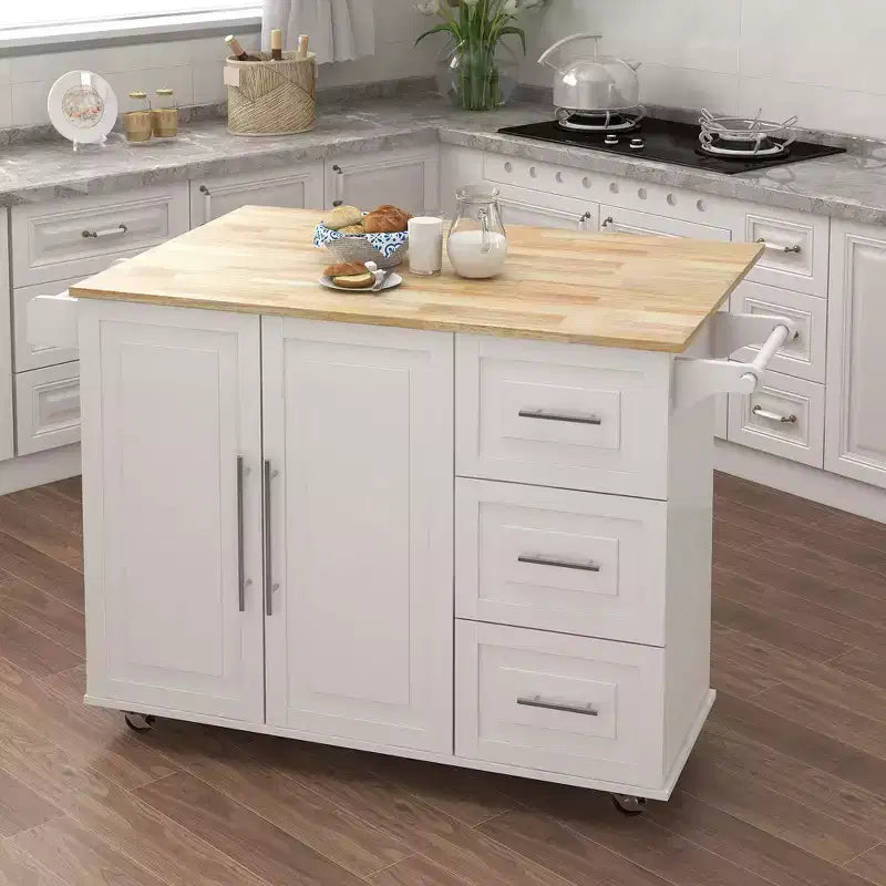 Îlot de cuisine moderne Okak avec plateau de table extensible en bois, chariot de cuisine avec étagère à épices et porte-serviettes pour cuisine, salle à manger, blanc