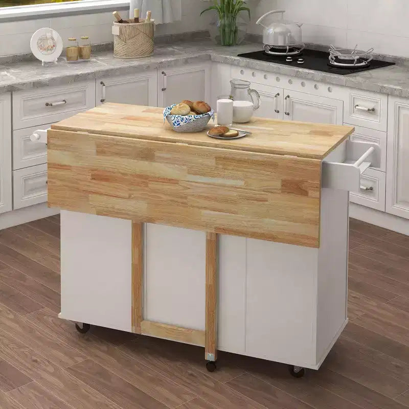 Îlot de cuisine moderne Okak avec plateau de table extensible en bois, chariot de cuisine avec étagère à épices et porte-serviettes pour cuisine, salle à manger, blanc