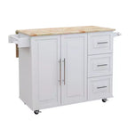 Îlot de cuisine moderne Okak avec plateau de table extensible en bois, chariot de cuisine avec étagère à épices et porte-serviettes pour cuisine, salle à manger, blanc