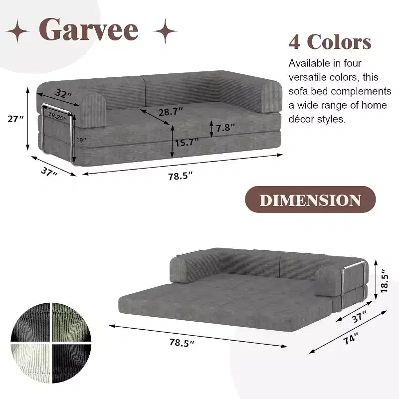 Canapé-lit pliable en velours côtelé, matelas pliant avec cadre à forme fixe, futon 3 places dépliable king size pour la maison et le bureau