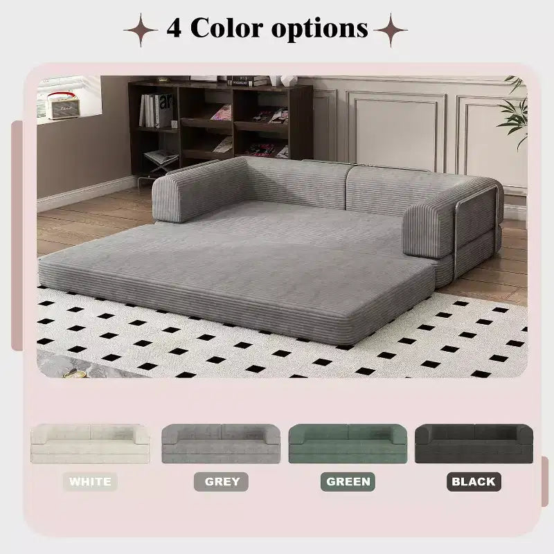 Canapé-lit pliable en velours côtelé, matelas pliant avec cadre à forme fixe, futon 3 places dépliable king size pour la maison et le bureau