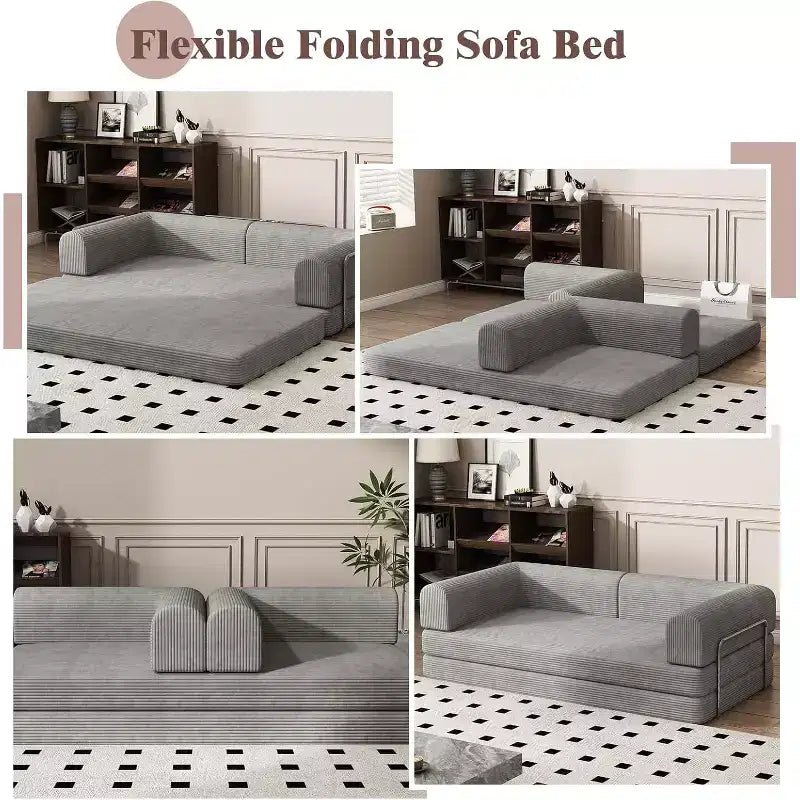 Canapé-lit pliable en velours côtelé, matelas pliant avec cadre à forme fixe, futon 3 places dépliable king size pour la maison et le bureau