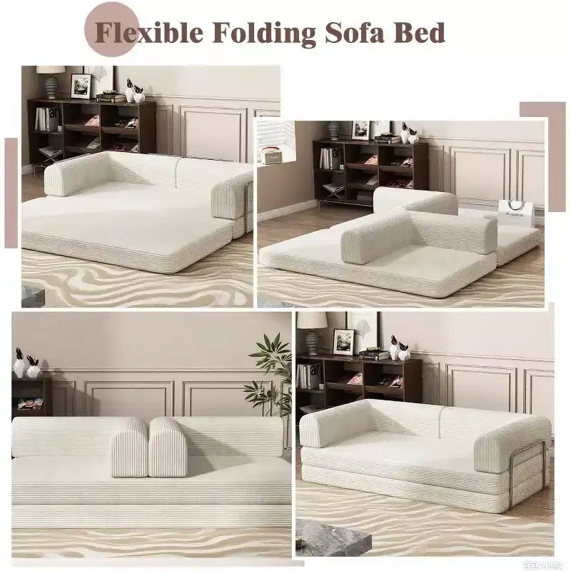 Canapé-lit pliable en velours côtelé, matelas pliant avec cadre à forme fixe, futon 3 places dépliable king size pour la maison et le bureau