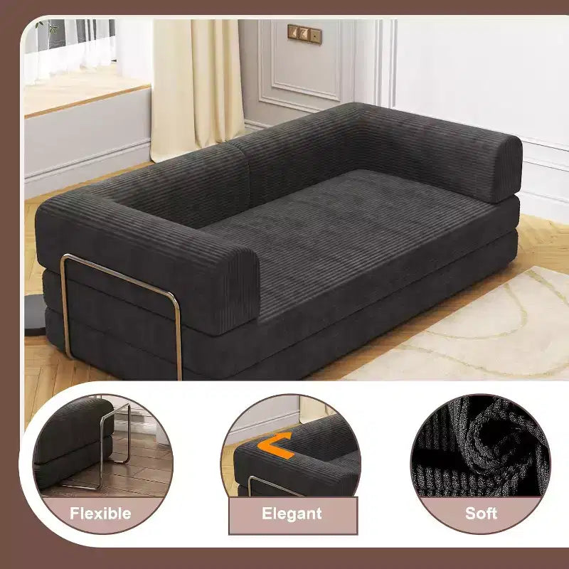 Canapé-lit pliable en velours côtelé, matelas pliant avec cadre à forme fixe, futon 3 places dépliable king size pour la maison et le bureau