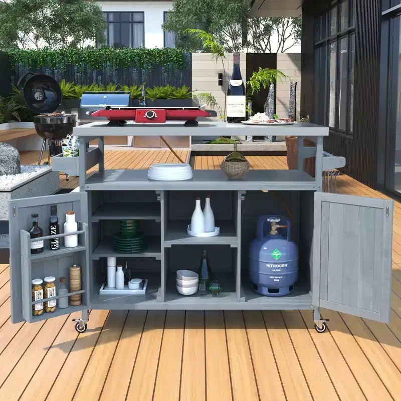Okak Îlot de cuisine d'extérieur avec plaque de cuisson et grille en acier, chariot de bar en bois massif avec roulettes verrouillables, armoire de rangement extérieure pour jardin, barbecue