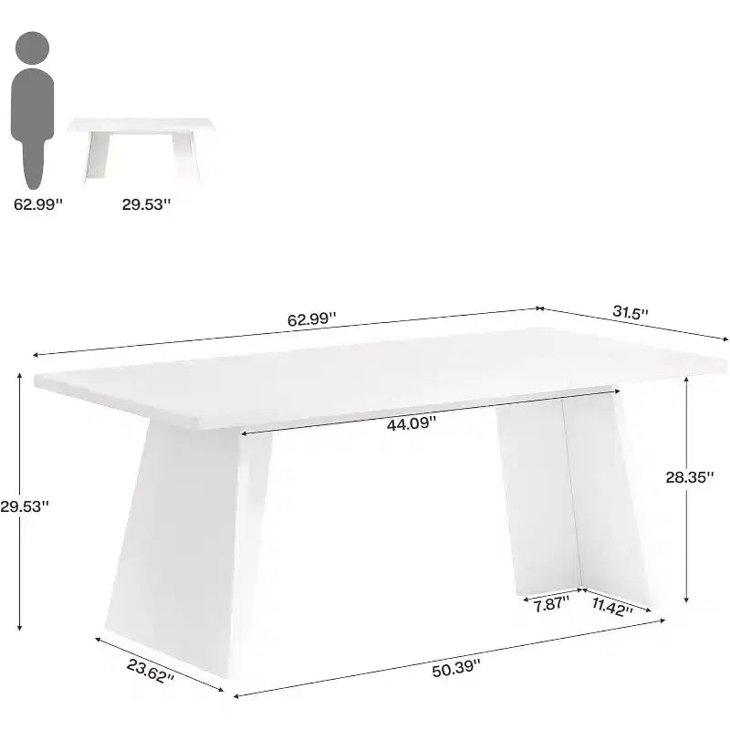 Table à manger rectangulaire Lantine pour 4 à 6 personnes, table de cuisine moderne de 160 cm avec plateau brillant et double pied robuste pour salle à manger, blanc