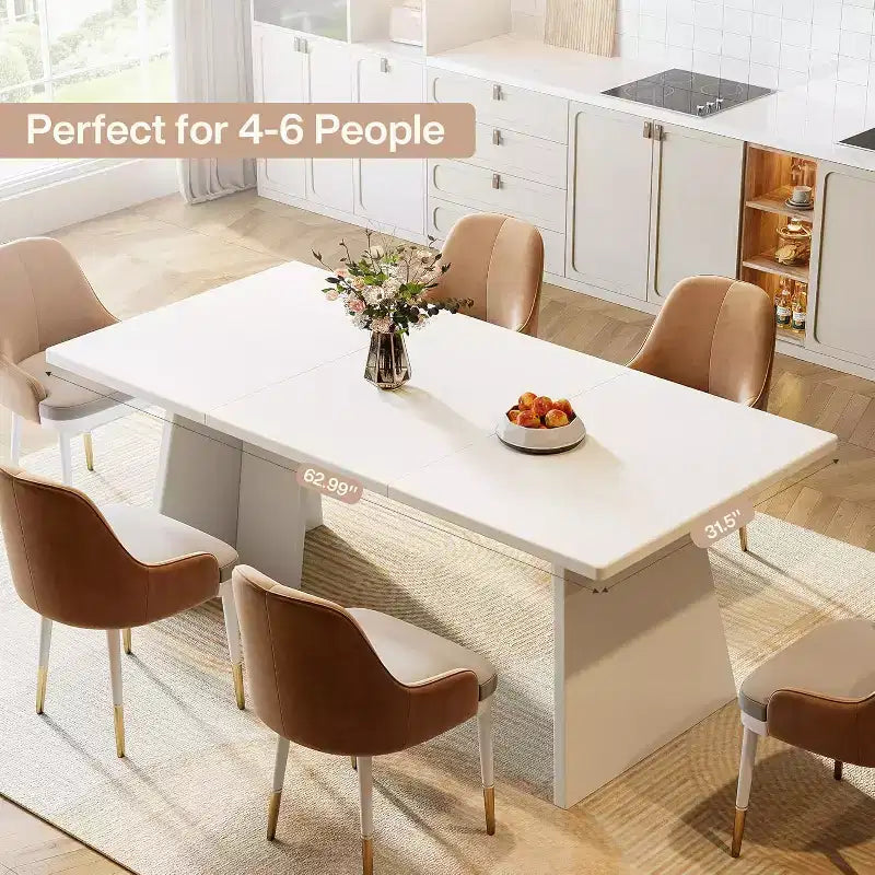 Table à manger rectangulaire Lantine pour 4 à 6 personnes, table de cuisine moderne de 160 cm avec plateau brillant et double pied robuste pour salle à manger, blanc