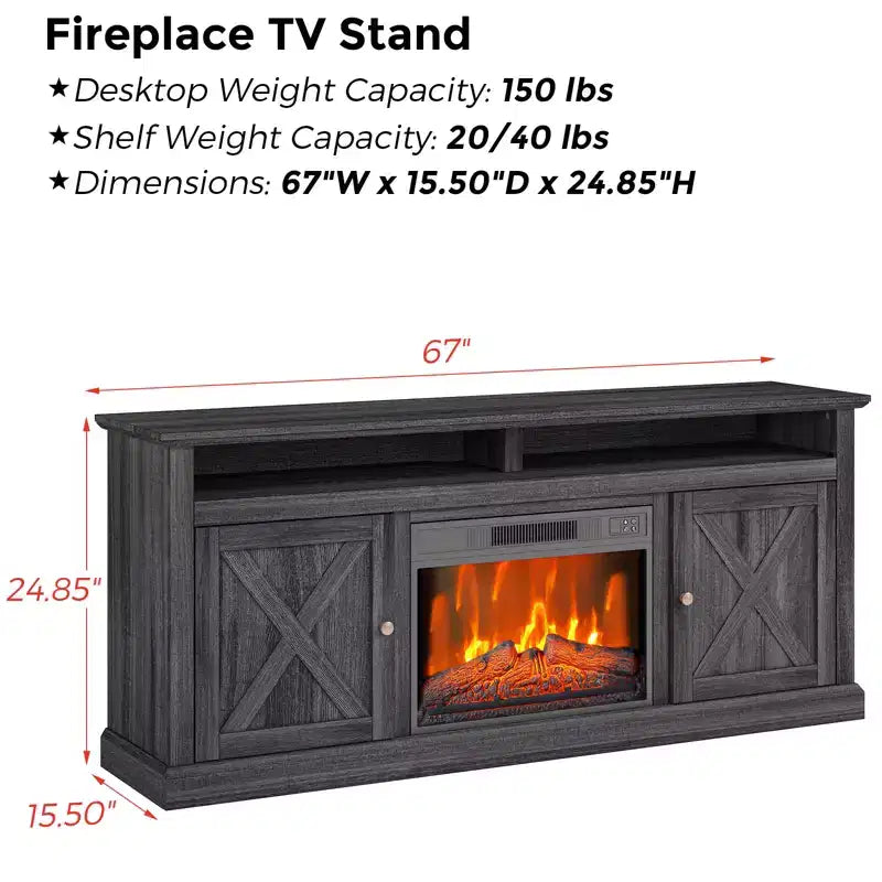 Meuble TV avec cheminée pour téléviseurs de 67 pouces Meuble TV avec cheminée et rangements à portes vitrées Télécommande incluse, Intensité de la flamme réglable