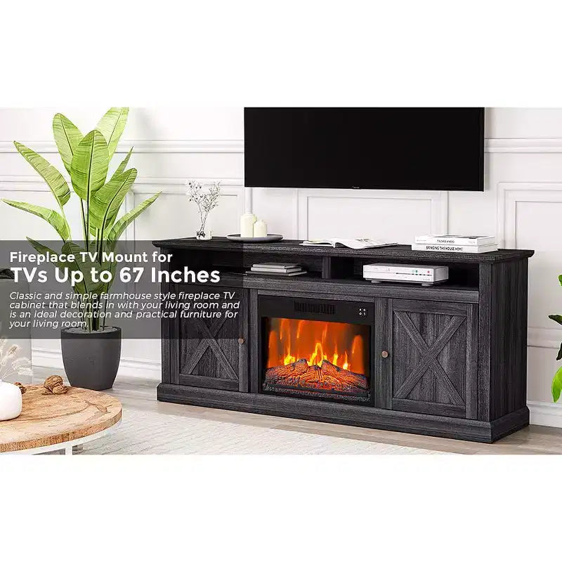 Meuble TV avec cheminée pour téléviseurs de 67 pouces Meuble TV avec cheminée et rangements à portes vitrées Télécommande incluse, Intensité de la flamme réglable