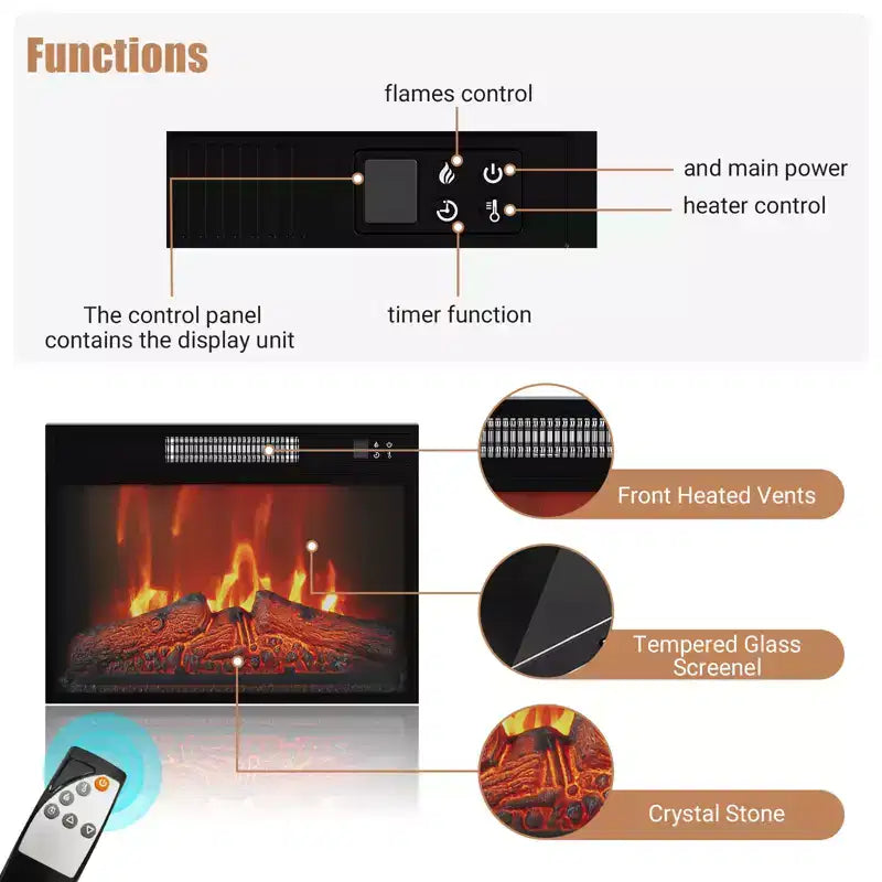 Meuble TV avec cheminée pour téléviseurs de 67 pouces Meuble TV avec cheminée et rangements à portes vitrées Télécommande incluse, Intensité de la flamme réglable