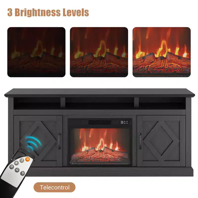Meuble TV avec cheminée pour téléviseurs de 67 pouces Meuble TV avec cheminée et rangements à portes vitrées Télécommande incluse, Intensité de la flamme réglable