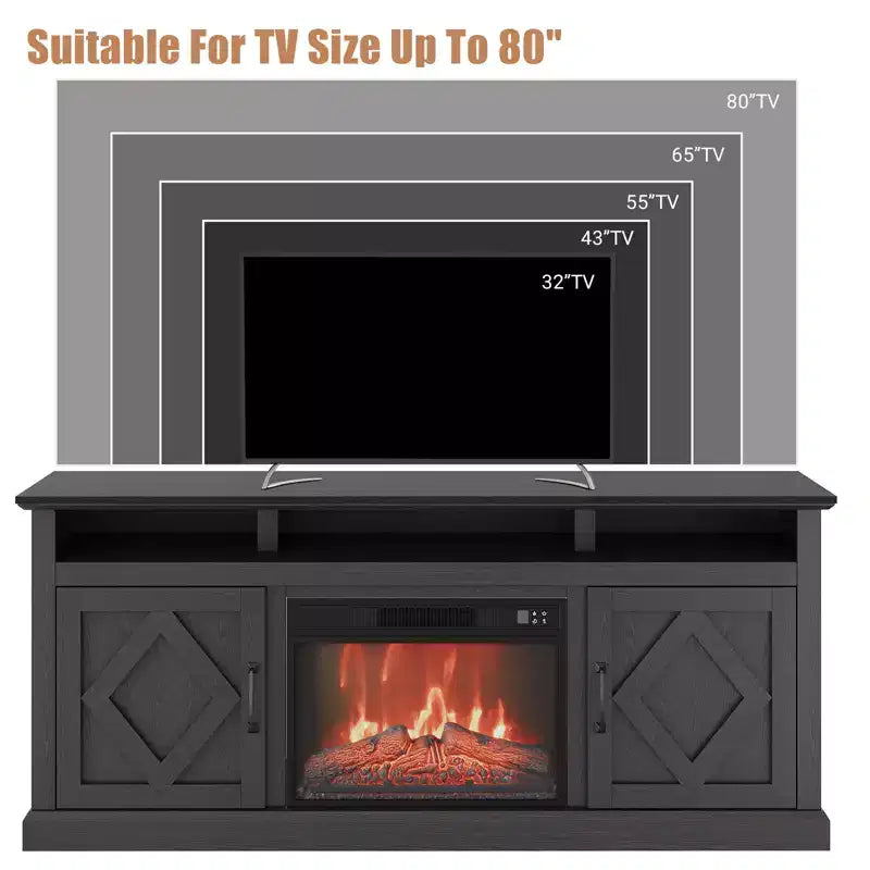 Meuble TV avec cheminée pour téléviseurs de 67 pouces Meuble TV avec cheminée et rangements à portes vitrées Télécommande incluse, Intensité de la flamme réglable