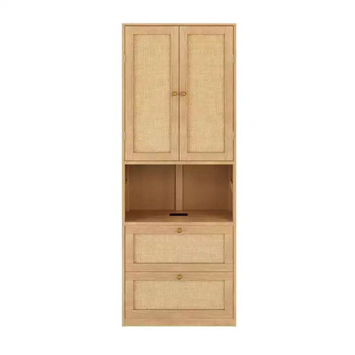 2 Doors Bookshelf with USB Port and 3 Drawers Side Cabinet Storage Shelves, Natural